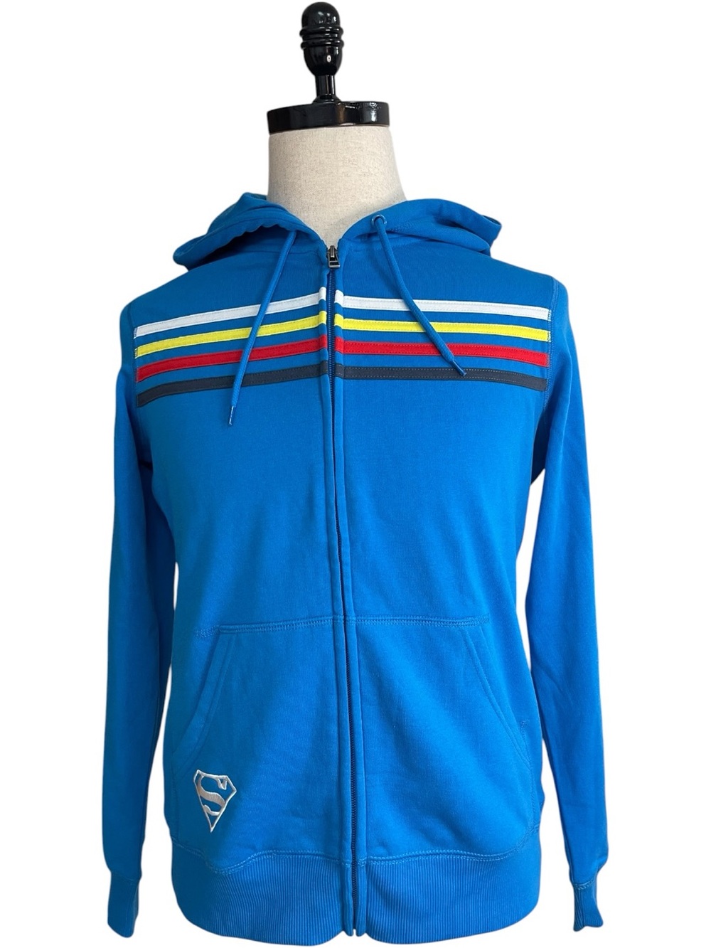 DC Comics Superman Zip-Up Fleece Lined Striped Hoodie Sweatshirt Blue